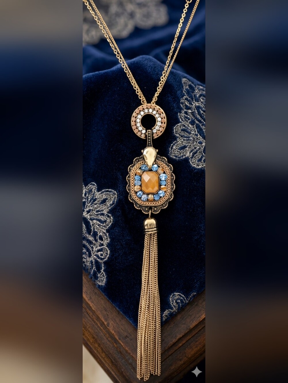 Vintage Style - Gold Tassel Pendant Necklace with Amber and Light Blue Stones